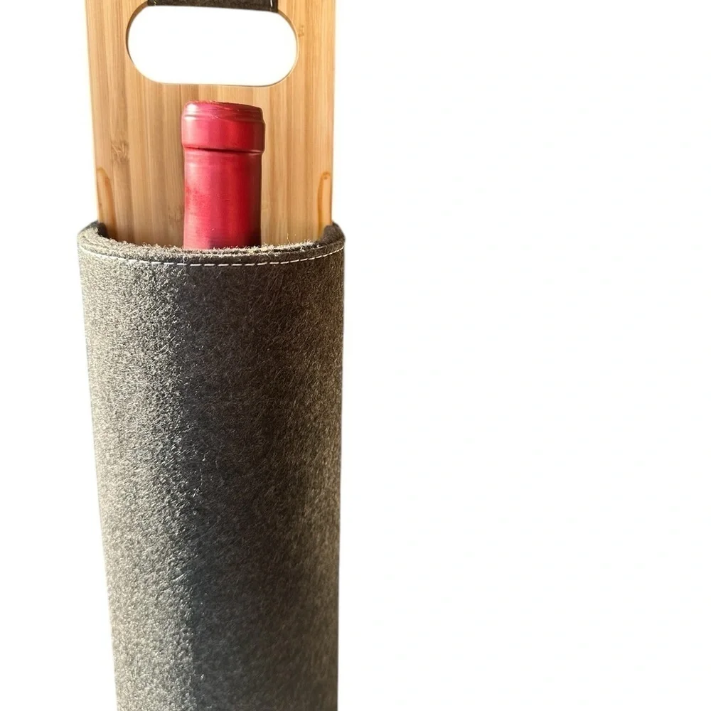 Gray Suede Wine Holder with Wooden Handle